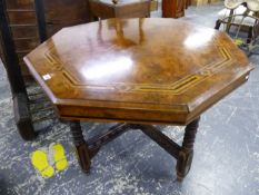 A VICTORIAN WALNUT AND INLAID OCTAGONAL CENTRE TABLE WITH LOWER STRETCHER. W 97 X L 97 X H 70cms