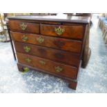 A GEORGIAN MAHOGANY COUNTRY CHEST OF TWO SHORT AND THREE LONG DRAWERS. W 94 X D 48 X H 84cms.