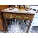 A SMALL OAK SIDE TABLE WITH BRASS PLAQUE STATING PART OF OLD HALL TABLE AT CASTLE EDEN WHICH WAS