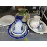 VARIOUS WASH JUGS AND BOWLS.