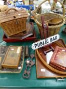 ENAMEL 'PUBLIC BAR' SIGN, VARIOUS TREEN, BASKETS, VICTORIAN BUILDING BLOCKS, TRAYS ETC.