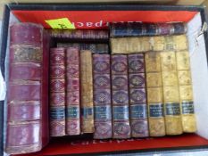 A QUANTITY OF LEATHER BOUND BOOKS AND OTHERS (FIVE BOXES).