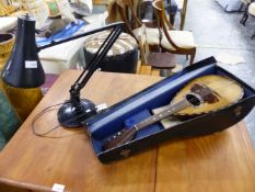 A VINTAGE NEOPOLITIAN BOWL BACK MANDOLIN, TOGETHER WITH AN ANGLE POISE TYPE LAMP.