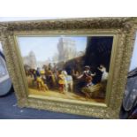 A LARGE VICTORIAN GILT FRAME. INSET WITH LATER DECORATIVE SCENE OF KNIGHTS ON HORSEBACK IN CASTLE