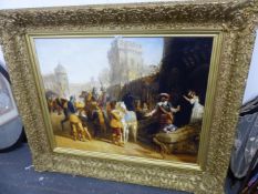 A LARGE VICTORIAN GILT FRAME. INSET WITH LATER DECORATIVE SCENE OF KNIGHTS ON HORSEBACK IN CASTLE