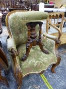 A VICTORIAN CARVED SHOW FRAME SALON ARMCHAIR, TOGETHER WITH A PIANO STOOL.