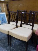 A SET OF GOOD LATE GEORGIAN MAHOGANY DINING CHAIRS, WITH LATTICE BACKS. SEAT HEIGHT 45CMS.