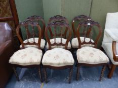 A SET OF SIX 19TH C DINING CHAIRS WITH BOBBIN SPINDLE BACKS AND LEGS.