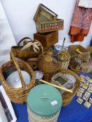 A HUDSONS DRY SOAP WOODEN CRATE, THREE OTHERS VARIOUS BASKETS, VINTAGE CAKE TINS ETC.