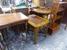AN ANTIQUE MAHOGANY SMALL SIDE TABLE, TOGETHER WITH A MODERN INLAID COFFEE TABLE, AND A SMALL