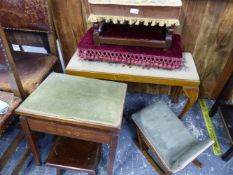 SIX VARIOUS STOOLS INC. AN EDWARDIAN INLAID PIANO STOOL.