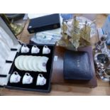A BOXED HAMMERSLEY TEA SET, VARIOUS CUTLERY, PLATED WARES AND LINEN.