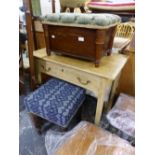 A VICTORIAN PINE SIDE TABLE, A COAL BOX AND A TALL DRESSING STOOL.