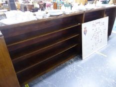 TWO MAHOGANY OPEN BOOKCASES, ONE WITH ADJUSTABLE SHELVES. ADJUSTABLE BOOKCASE W 186 X D 27 X H