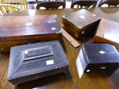 A VICTORIAN ROSEWOOD AND BRASS BOUND WRITING BOX, A SIMILAR MAHOGANY EXAMPLE, ANOTHER WITH VACANT