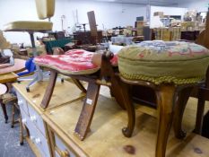 A VINTAGE CHILDS HIGH CHAIR, A RETRO SWIVEL STOOL, A CAMEL STOOL, AND A VICTORIAN STOOL WITH