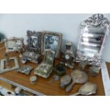A QUANTITY OF DECORATIVE PLATED PHOTO FRAMES, MIRROR, TABLE BOXES, ETC.