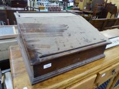 AN ANTIQUE OAK CLERKS DESK / BIBLE BOX.