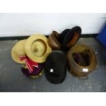 AN ANTIQUE MILLINERY HAT MOULD, A CHRISTYS LONDON BOWLER HAT, A MACQUEEN LONDON BOATER, AN ANTIQUE