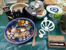 AN 18th.C TURNED BOWL, AN IRON BELL WEIGHT, KNIFE GRINDER, BINOCULARS, VICTORIAN PART DESSERT SET,