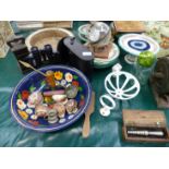 AN 18th.C TURNED BOWL, AN IRON BELL WEIGHT, KNIFE GRINDER, BINOCULARS, VICTORIAN PART DESSERT SET,