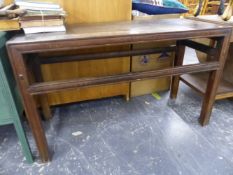 AN ANTIQUE CHINESE HARDWOOD ALTER TABLE. W 121 X D 50 X 74CMS.