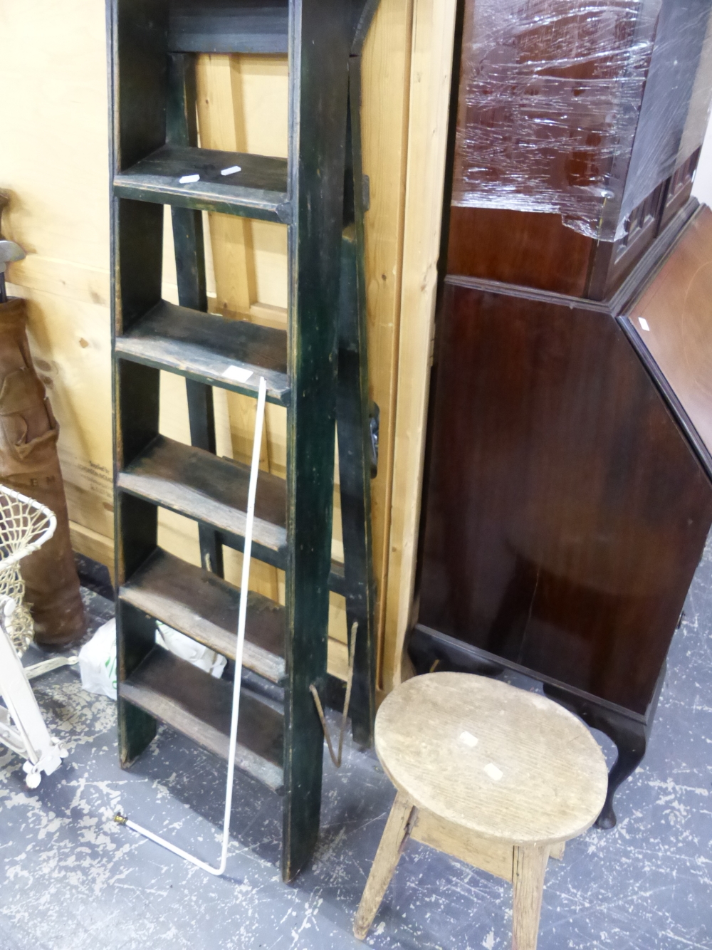 A SET OF VINTAGE PINE SCULLERY STEPS AND A STOOL.