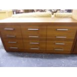A GOOD QUALITY BESPOKE WALNUT DESIGNER SIDE CABINET WITH THREE DOORS AND ALLOY HANDLE FITTINGS. W
