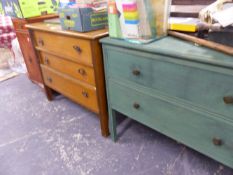 AN OAK SMALL CHEST OF DRAWERS, A PAINTED TWO DRAWER CHEST, AND A YEW STEREO CABINET.