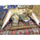 AN ORIENTAL ENAMEL BOWL WITH GLASS HUNG TREE, A SMALL EASTERN RUG, AN INDONESIAN FIGURE AND A