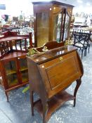 AN ART NOUVEAU MAHOGANY SMALL BUREAU TOGETHER WITH A SIMILAR PERIOD CORNER CABINET AND AN ART