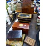 TWO VICTORIAN WALNUT BOXES, A CASH TIN, MAHOGANY BOXES AND OTHERS.