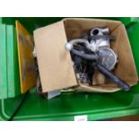 A BOX OF MOTORCYCLE PARTS, ETC.