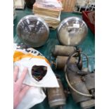 A PAIR OF VINTAGE MOTORCAR HEADLAMPS, A LUCAS ALTERNATOR AND THREE OTHERS, MOTORCYCLE MAGAZINES,