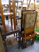 A NEST OF TABLES, THREE FIRE SCREENS AND TWO OCCASIONAL TABLES.