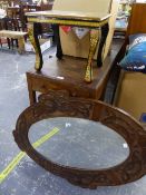 AN OAK ARTS AND CRAFTS SIDE TABLE, A SMALL MOORISH OCCASIONAL TABLE AND A CARVED MAHOGANY WALL