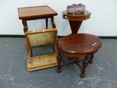 A VICTORIAN MAHOGANY TRUMPET SEWING BOX AND CONTENTS, TOGETHER WITH AN EDWARDIAN OCCASIONAL TABLE, A
