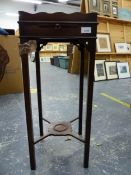 AN ANTIQUE STYLE MAHOGANY URN STAND WITH CUP SLIDE.