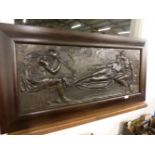 A LARGE ANTIQUE RELIEF PATINATED PANEL OF A CLASSICAL SCENE.