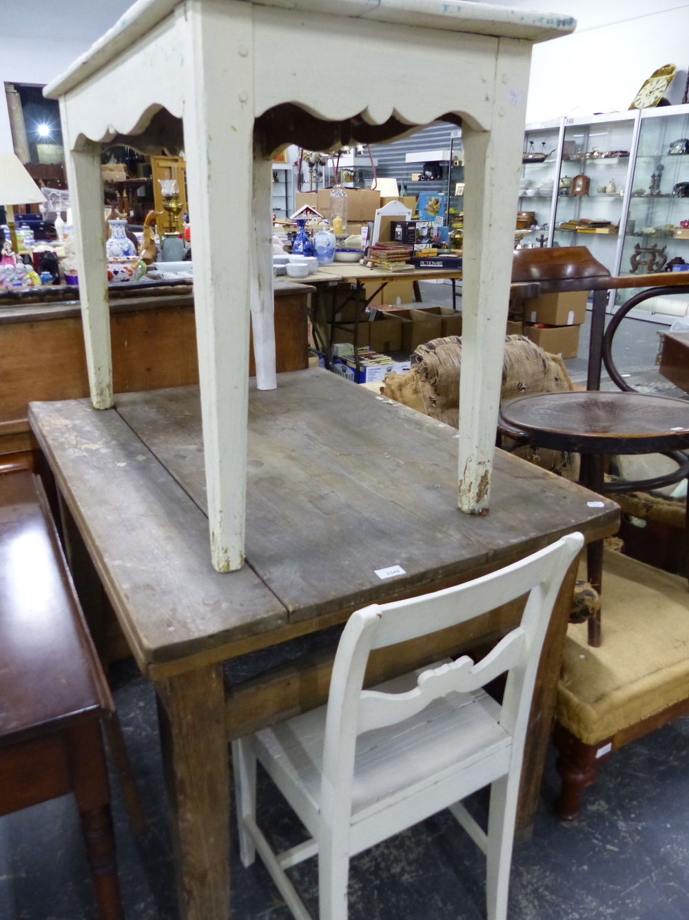 TWO ANTIQUE PINE TABLES AND A SIDE CHAIR.