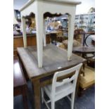 TWO ANTIQUE PINE TABLES AND A SIDE CHAIR.