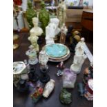 VARIOUS POTTERY AND PORCELAIN FIGURES, COMPOSITION BUSTS, A MASONS JAR AND COVER, ETC.