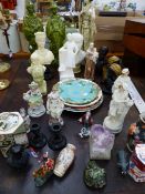 VARIOUS POTTERY AND PORCELAIN FIGURES, COMPOSITION BUSTS, A MASONS JAR AND COVER, ETC.