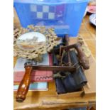 A VINTAGE CHESS BOARD AND DIE CAST SOLDIER PIECES, A BRASS TAZZA, ANTIQUE KEYS, CORKSCREW, ETC.