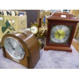 A BRASS ANNIVERSARY CLOCK, AN ART DECO MANTLE CLOCK, A MAHOGANY CASED BRACKET CLOCK AND A POWER