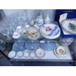 A QUANTITY OF DECORATIVE CHINA AND GLASSWARE AND DOULTON DINNER WARES.