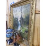 A GILT FRMAED OIL ON CANVAS, FIGURES BY RIVERSIDE. THE PAINTING 70 X 90CMS, THE FRAME 95 X 118CMS.