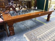 A VERY LARGE HARDWOOD COFFEE TABLE WITH GLASS INSET TOP, L 183 X W 106 X H 48CMS.