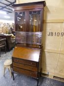 AN EDWARDIAN INLAID MAHOGANY BUREAU BOOK CASE, W 74 X D 46 X H 202CMS.