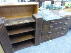 A RETRO GIBBS TEAK BOOKCASE, AN ART DECO BOOKCASE AND A MAHOGANY CHEST OF TWO SHORT AND THREE LONG